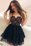 A-Line Straps Backless Short Black Chiffon Open Back Lace Pleats Homecoming Dress