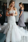 Sheath Off the Shoulder Court Train Ivory Tulle Wedding Dresses with Lace Appliques