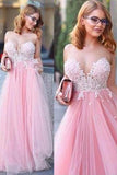 Pink Tulle Scoop Neck Princess Sweetheart Floor-length with Appliques Lace Prom Dresses