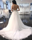 Elegant A Line Spaghetti Straps Backless V Neck Organza Wedding Dress with Beads