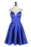 A Line Spaghetti Straps Royal Blue V Neck Backless Satin Knee Length Homecoming Dresses