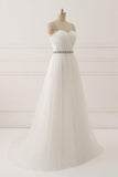 A Line White Spaghetti Straps Tulle Beads Appliques Sweetheart Zipper Prom Dresses