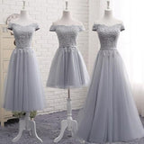 Cute A line Gray Lace Off Shoulder Lace-up Prom Dress with Appliques Graduation Dresses