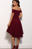 Short A Line Burgundy Off the Shoulder High Low Knee Length Satin Homecoming Dresses