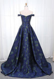 A Line Off the Shoulder Long Navy Blue Prom Dress with Printed Cheap Evening Dresses