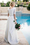 A Line Half Sleeve Ivory Lace with Satin Round Neck Beads Button Cheap Wedding Dresses