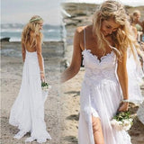 Beach Simple Casual White A-line Princess V neck Spaghetti Straps Wedding Dress