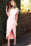 A-Line Sheath Pink Off-the-shoulder Silk-like Satin Tea-length Bow Prom Dresses