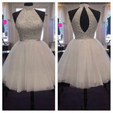 2024 Chic Halter Sexy Open Back White Beading Sleeveless Short Tulle Homecoming Dress