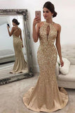 Mermaid Sleeveless Halter Sequins Golden Open Back Sweep Train Satin Prom Dresses