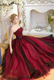 Strapless Beads Sleeveless Sweetheart Tulle Ball Gown Backless Black Burgundy Prom Dresses