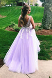 A Line Lilac Appliques Tulle Evening Formal Gowns V Neck Long Prom Dresses