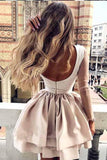 A Line High Neck Long Sleeve Pleats Open Back Satin Short Homecoming Dresses with Lace