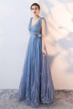 Elegant A-Line Blue Tulle V-Neck Backless Sleeveless Sweep Train Prom Dresses