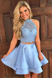 Princess Halter 2 Piece A-line Open Back Sleeveless Lace Mini Short Homecoming Dress