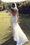 Ivory Sheath Brush Train Long Sleeve Backless Lace Wedding Dress Beach Wedding Dress