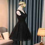 Black V Neck Cute A-Line Appliques Sleeveless Tulle Lace Beading Short Homecoming Dress