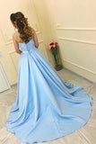 Modest A-Line Sweetheart Strapless Light Blue Sleeveless Long Prom Dresses With Lace