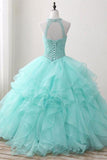 Ball Gown Long Green Sleeveless Open Back Lace up Beads High Neck Prom Dresses