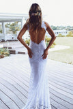 Sheath White Mermaid Round Neck Sweep Train Open Back Lace Wedding Dress with Split