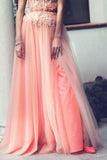 A-Line Strapless Lace Appliqued Floor-length Blush Pink Beaded Tulle Prom Dresses