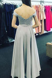 A-Line Off-the-Shoulder Open Back Sweetheart Grey Chiffon Prom Dresses with Appliques