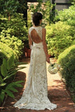 2024 Sheath Sleeveless Open Back Mermaid Lace V-neck Sweep Train Wedding Dresses