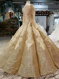 Ball Gown Gold Long Sleeves Lace Appliques Sequins Open Back Beads Quinceanera Dresses