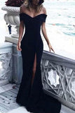 Sexy Leg Slit Long Off-the-Shoulder Jersey Sweetheart Mermaid Black Prom Dresses