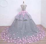 Scoop Ball Gown Gray Tulle Sleeveless Bowknot Empire Waist Wedding Dress with Pink Flowers