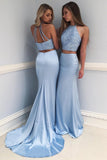 Fashion Light Blue High Neck Beading Long Two Piece Mermaid Halter Evening Dresses