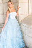 A Line Tulle Princess Formal Evening Dresses Sky Blue Long Prom Dresses