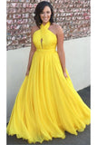 Princess Chiffon A-line Halter Long Yellow Backless Sleeveless Prom Dresses