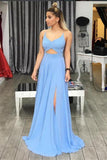 Simple A-Line Spaghetti Straps Blue V-Neck Backless Long Slit Backless Chiffon Prom Dresses