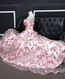 Pink A-line Sweetheart Strapless Sweep Train Floral Print Long Lace Prom Dresses with flowers