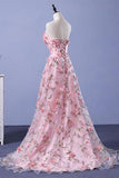 Pink A-line Sweetheart Strapless Sweep Train Floral Print Long Lace Prom Dresses with flowers