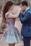 Gorgeous A-Line Short Cap Sleeves Sexy Homecoming Dress with Purple Appliques