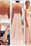 Backless Spaghetti Straps V-Neck Pink Open Back Chiffon Evening Gowns