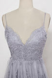 Sheath Spaghetti Straps Sweep Train Backless Lavender Tulle with Appliques Prom Dresses