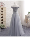 A-Line Gray Lace Off the Shoulder Tulle Lace-up Sweetheart Prom Dresses