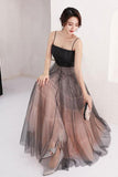 A Line Scoop Spaghetti Straps Black Tulle Prom Dresses Long Evening Dresses