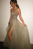 Grey Backless A-Line Deep V-neck Split-Front Sleeveless Sweep Train Prom Dresses with Beads