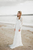 Elegant A Line See Through Long Sleeve Lace Appliques Ivory Beach Wedding Dresses