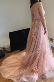 Charming Pink Lace Tulle Long A-line Open Back Elegant Little Train Wedding Dresses