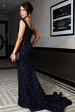 Gorgeous Mermaid Off-the-Shoulder Lace Navy Blue Sequins Sweetheart Prom Dresses