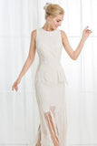 A-Line Jewel Ivory Scoop Satin Beading Tassel Sleeveless Appliques Dresses