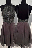 A-line Round Neck Chiffon Beaded Grey Backless Homecoming Dress