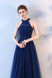 Elegant A-Line Blue Halter Tulle Long Open Back Beads Lace up Prom Dresses