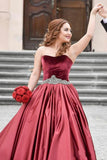 Special Burgundy Velvet Sweetheart Beads Strapless Sash Ruched Satin Prom Dresses