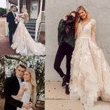 A line V Neck Asymmetrical Long Sleeve Lace Tulle Wedding Dresses with Train Prom Dress